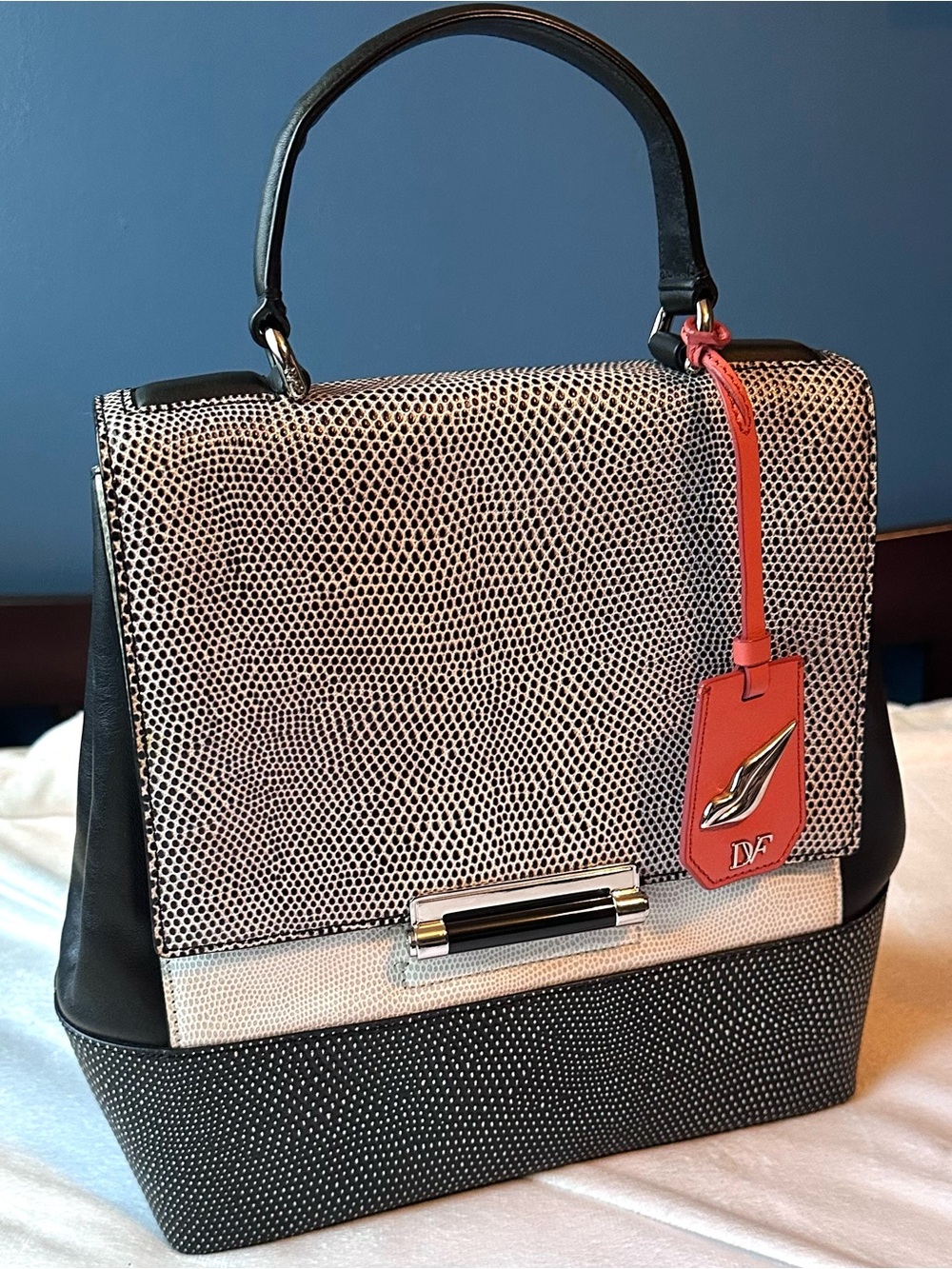Diane Von Furstenberg Courier Purse Top Handle Tote Color block Lizard Designer - Picture 2 of 13